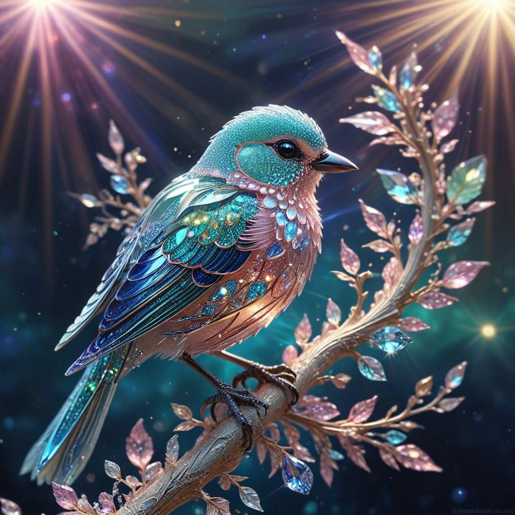 Sparkling Mint-Pink Bird with Gemstones and Golden Filigree