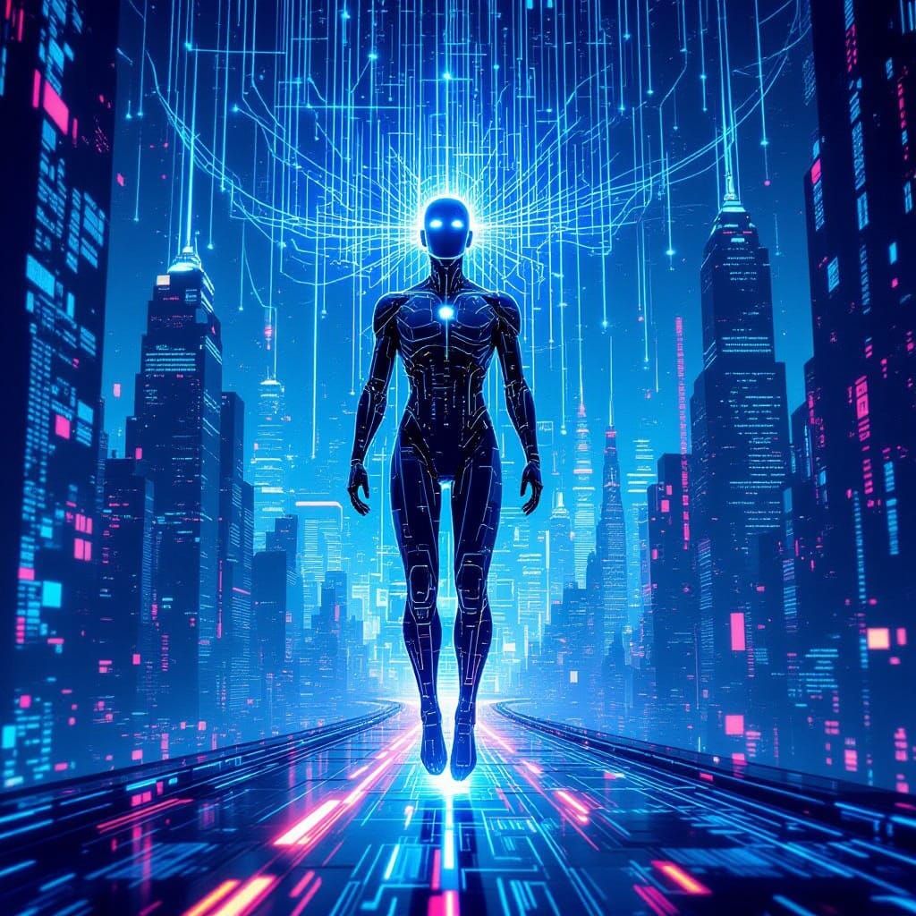 AI Figure in Dystopian Digital Cityscape