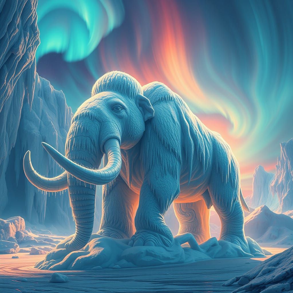Majestic Woolly Mammoth Ice Sculpture in Vibrant Auroral Lan...