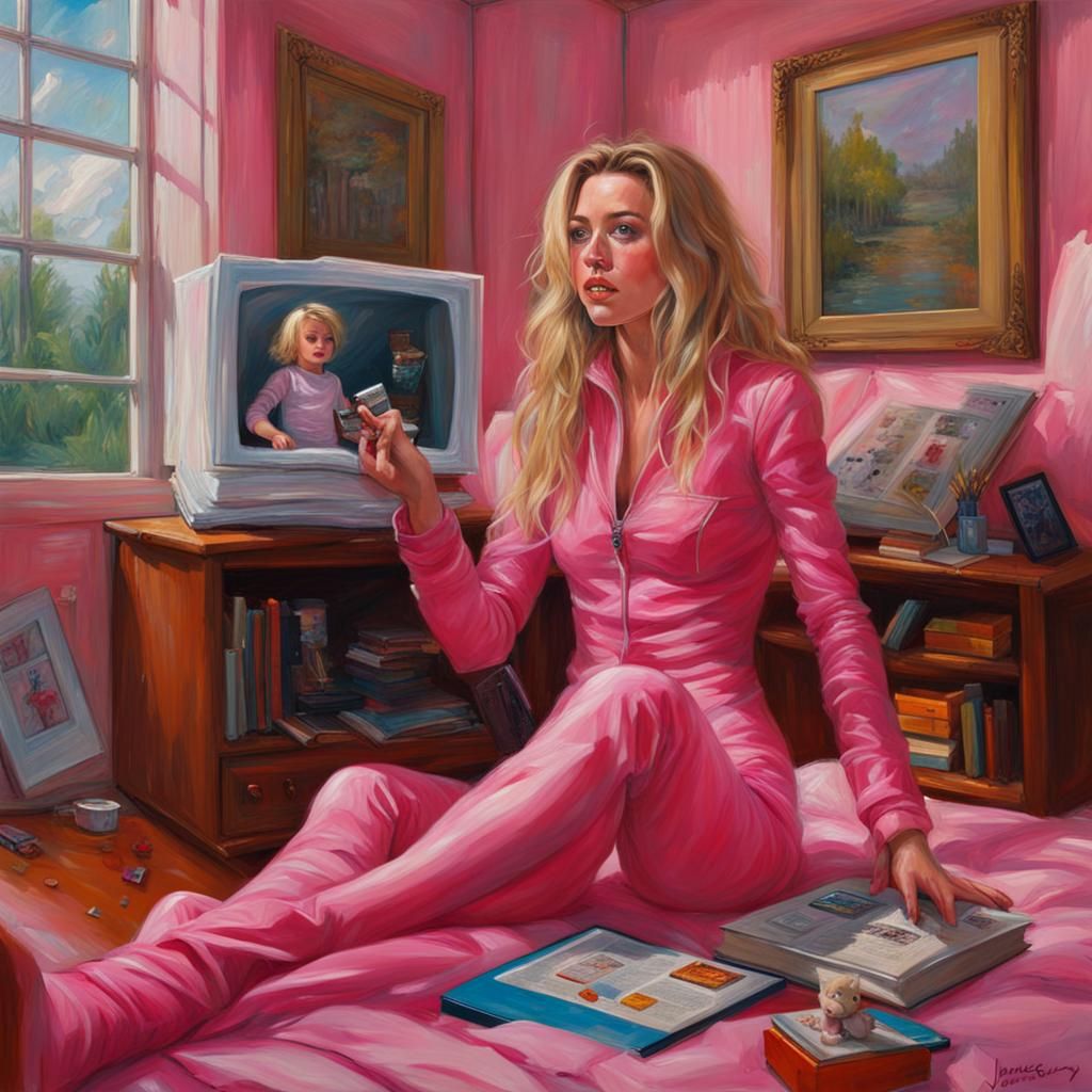 Woman in Pink Catsuit Playing Games: 1980s Aesthetic