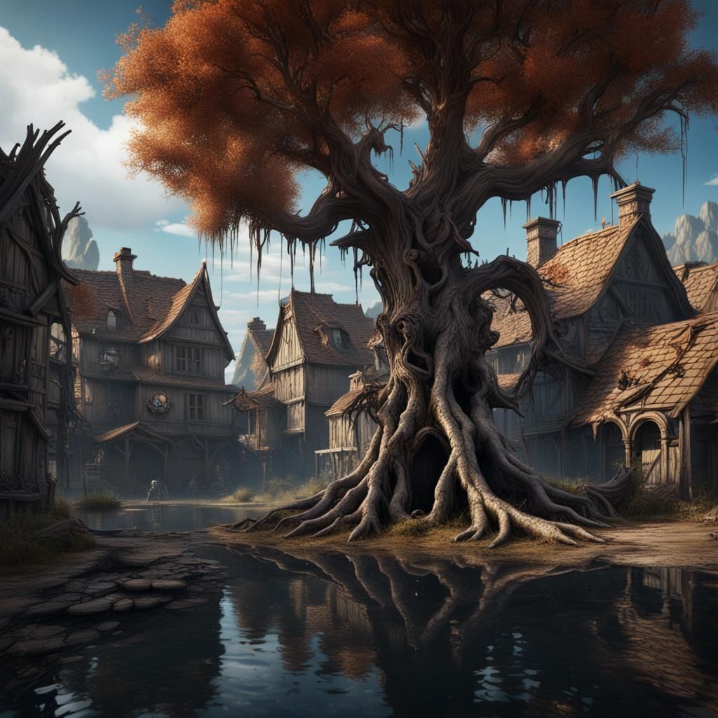 Eerie Haunted Village with Ghost, Fantasy Concept Art