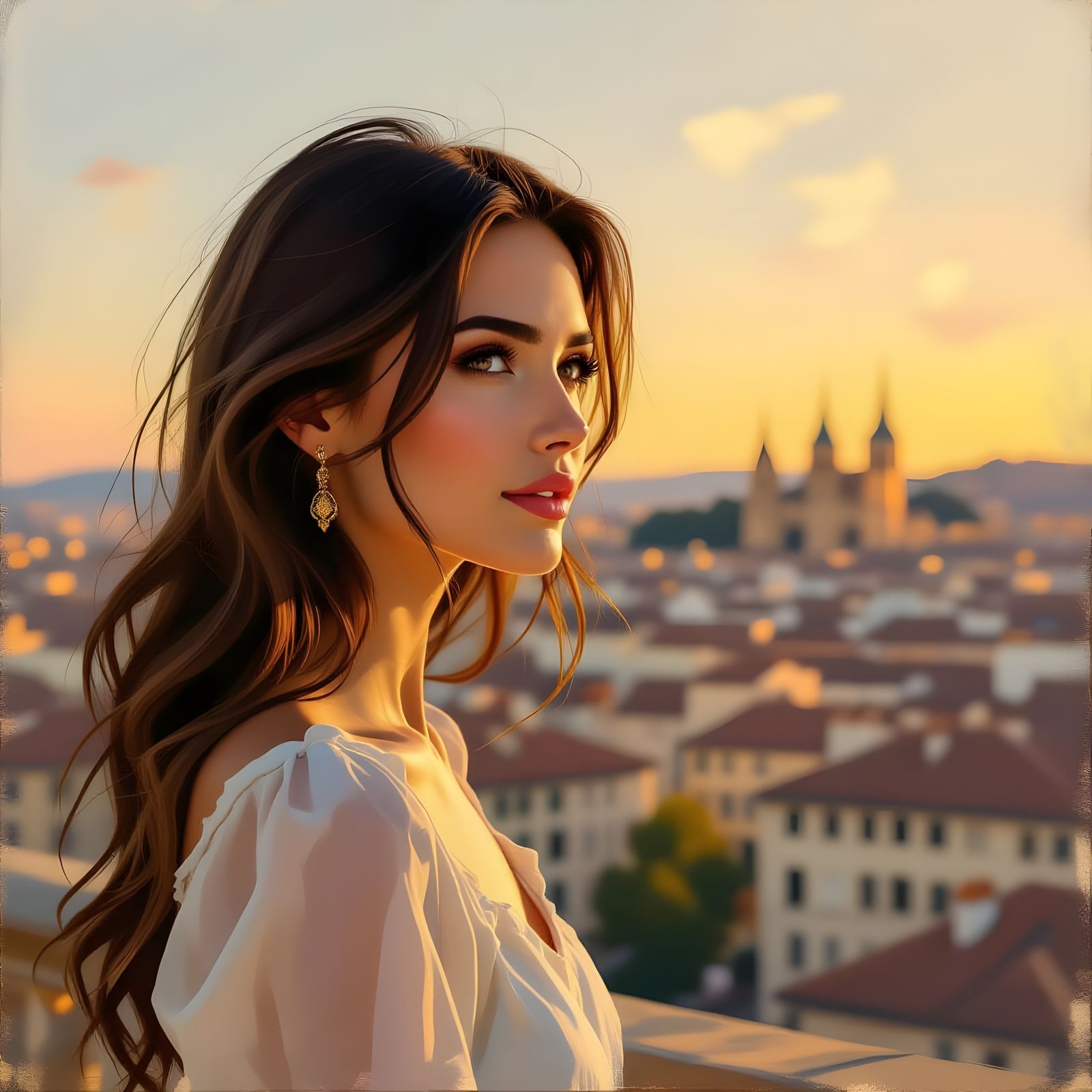 Woman Gazing at Lyon Cityscape at Golden Hour