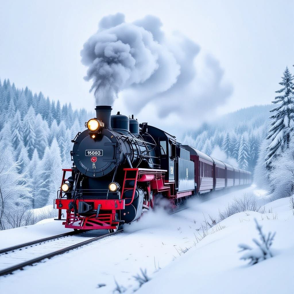Steam Train Ascends Snowy Landscape on Sunny Winter Day