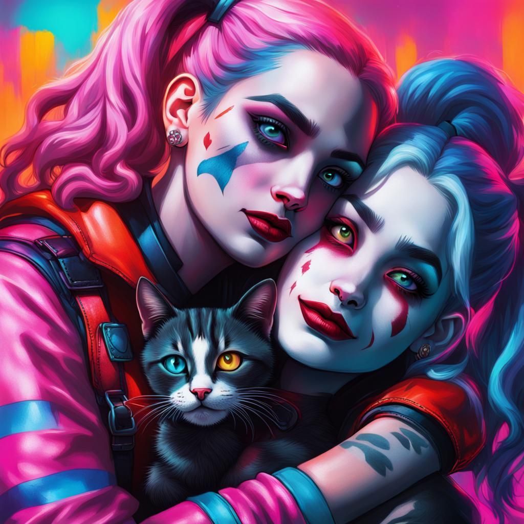 Hyperrealistic Neon Harley Quinn Cuddling Kitten