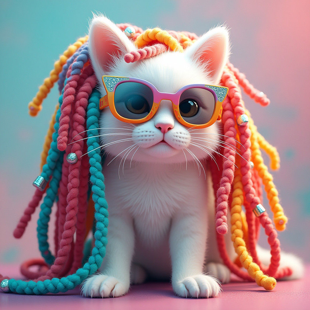 Whimsical Cat with Wool Dreadlocks and Sunglasses