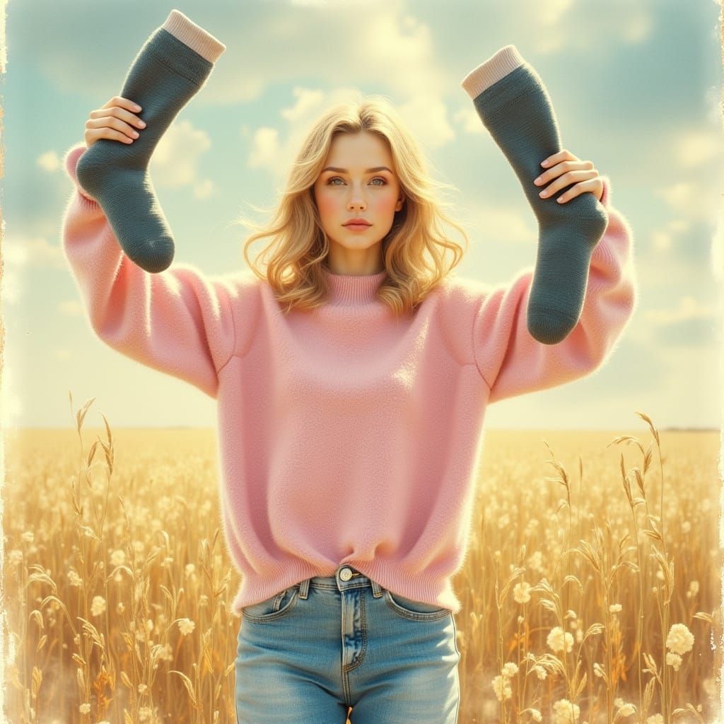 Blonde Woman with Grey Socks in Whimsical Style