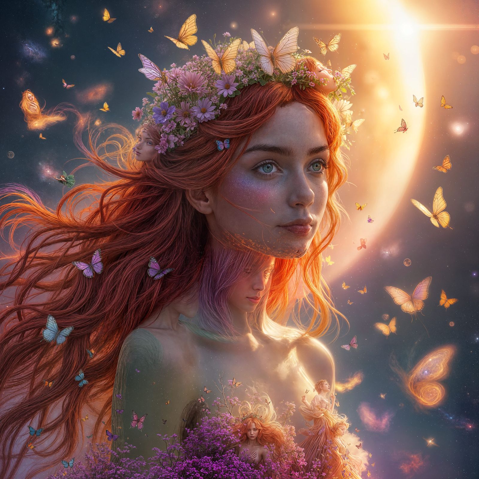 Cosmic Girl with Flower Crown and Butterflies