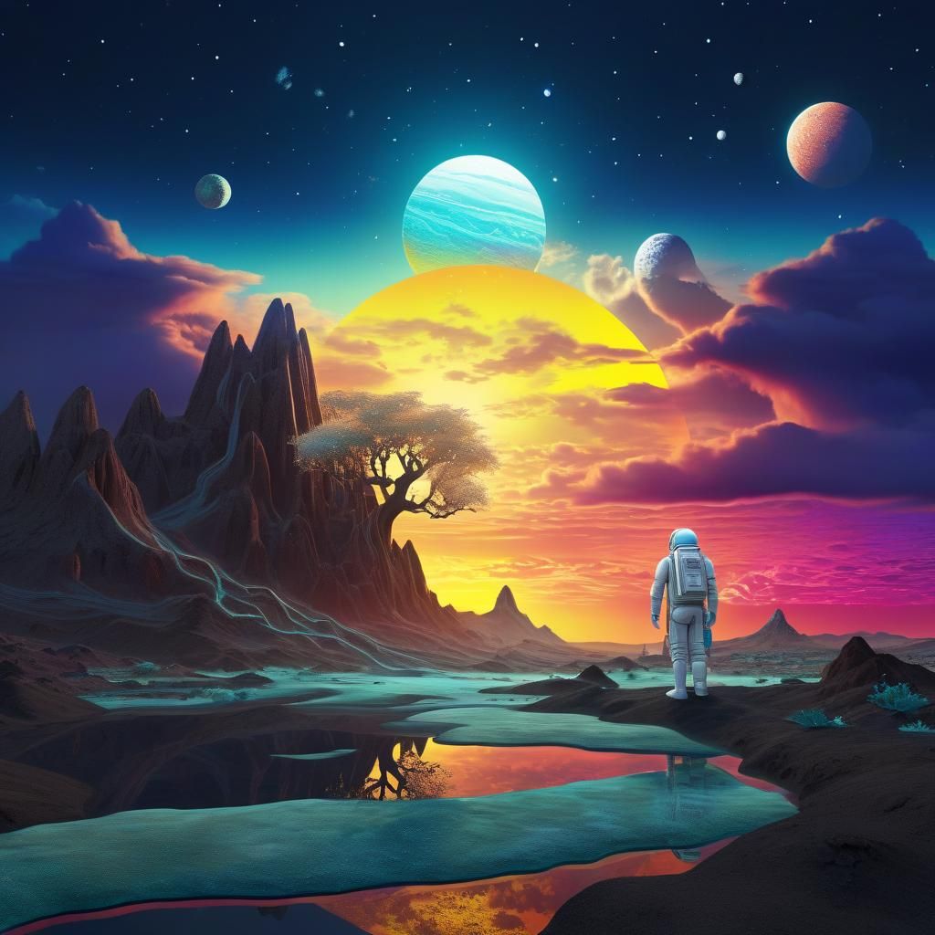 Surreal Cosmic Landscape in Mixed Media