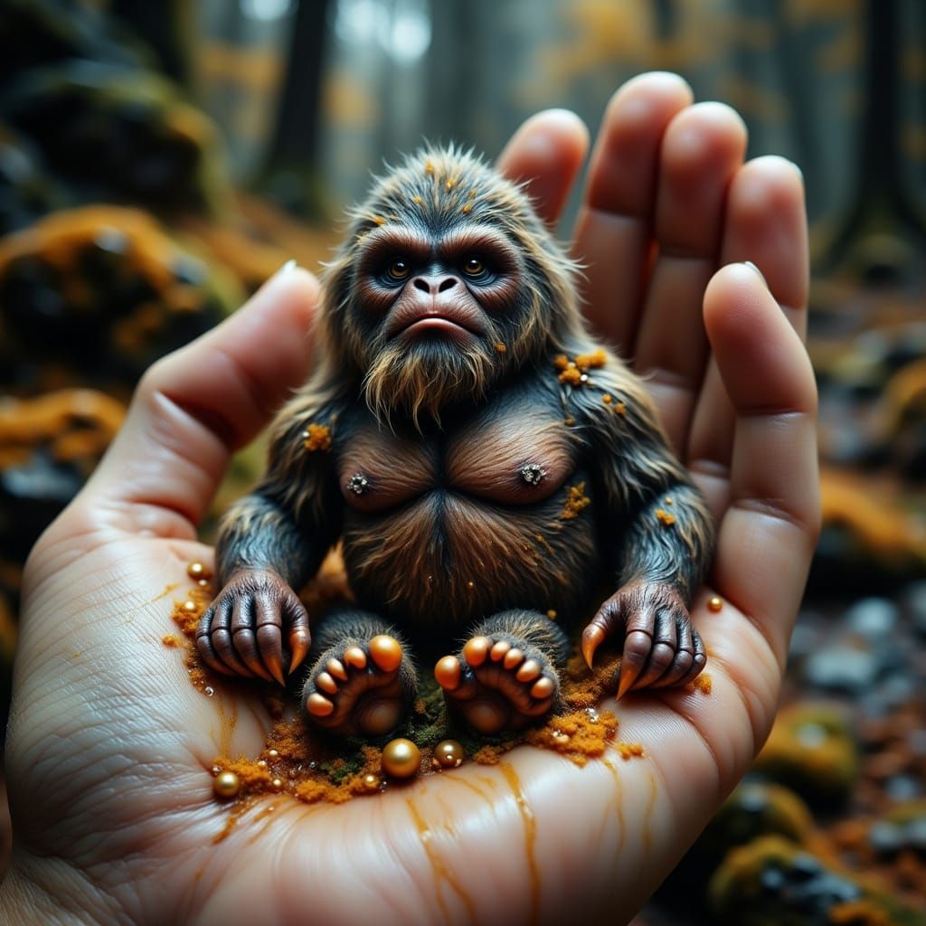 Ethereal Mini Bigfoot Amidst a Woman's Gentle Hand