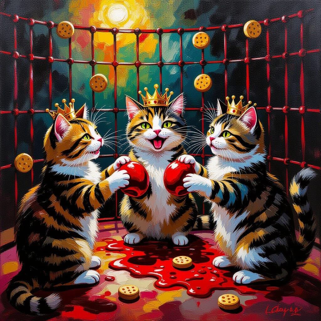 Surrealist Oil Painting: Cats in Chaotic Catsup Cage Match