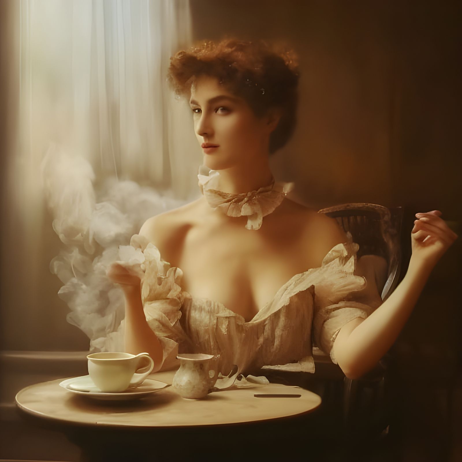 Beautiful Woman in Cafe: Photorealistic Portrait