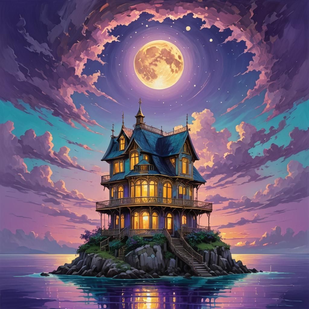 Crystal House on Island at Sunset