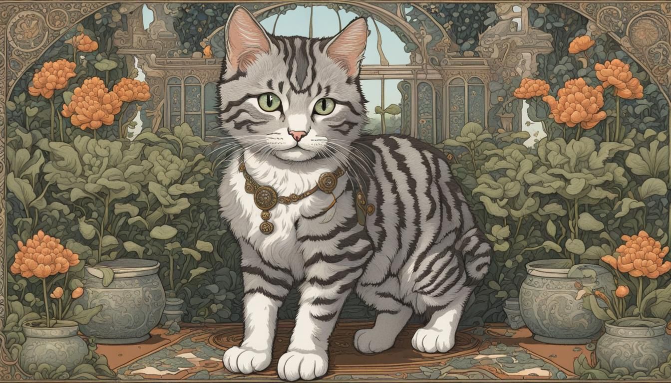 Silver Tabby Kitten in Enchanted Floral Steampunk Garden