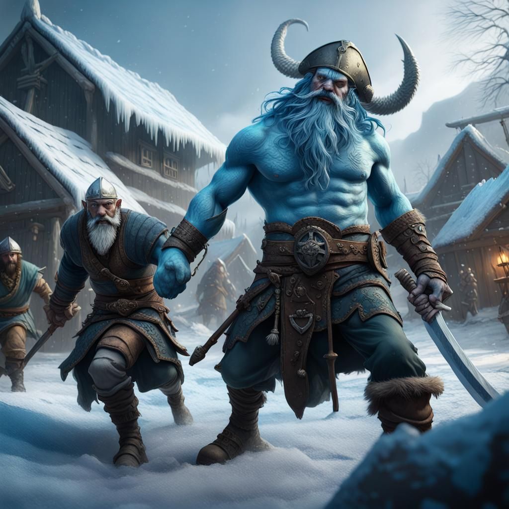 Viking Frost Giants Clash with Villagers, Ice Dragon