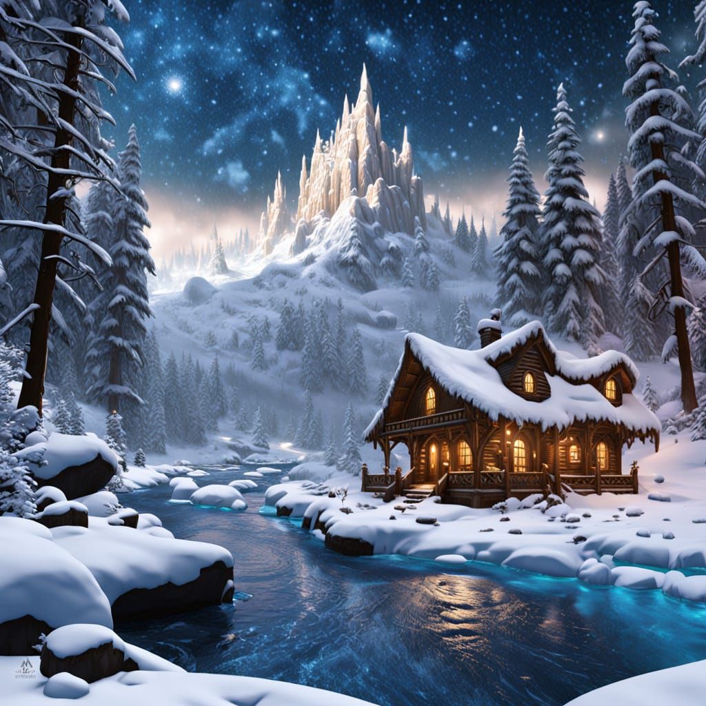 Snowy Cabin in Winter Forest: Fantasy Concept Art