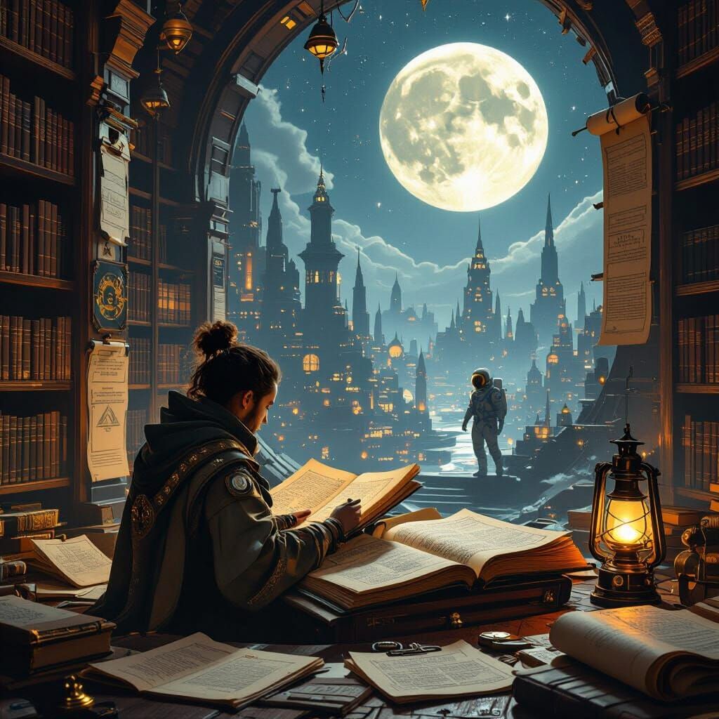 Scholar in Steampunk City Under Zen Moonlight