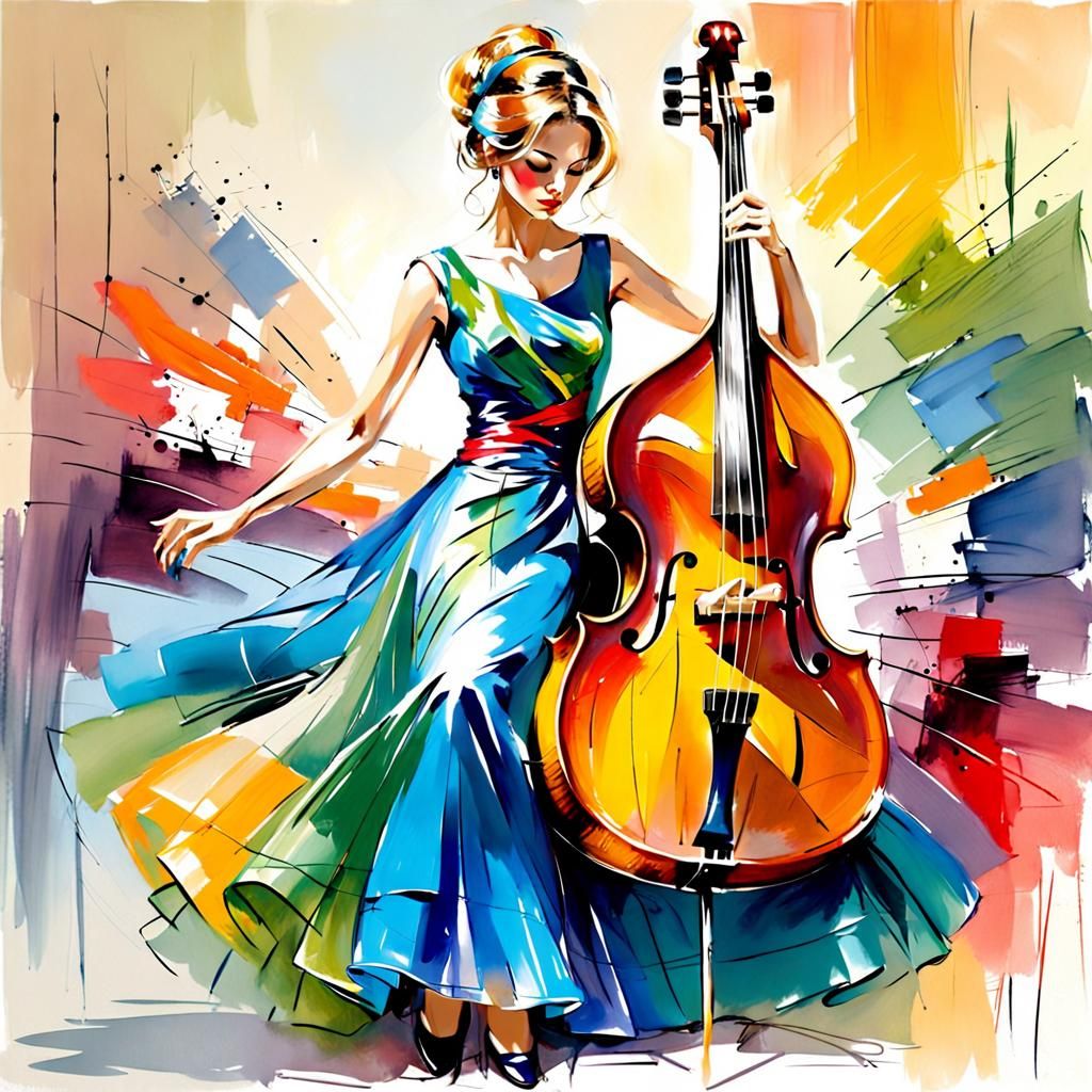Woman Playing Bass in Razumovskaya Style Oil Painting