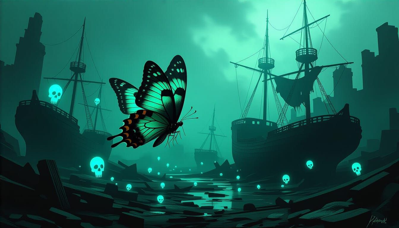 Butterfly Navigates Sunken City: Dark Surrealist Painting