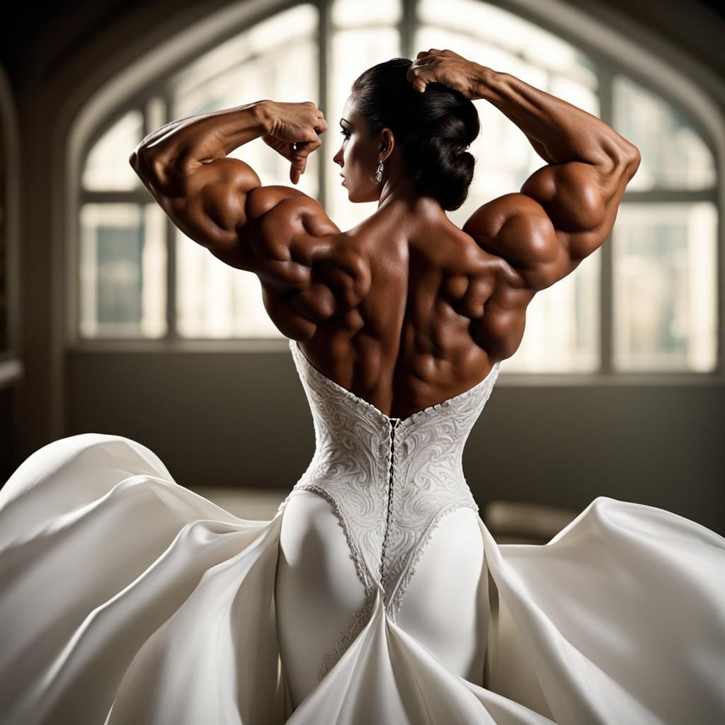 Female Bodybuilder in Wedding Dress: Detailed Digital Art
