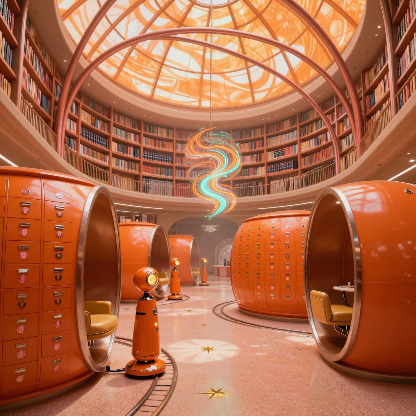 Retro Futurism Library with Concentric Rings and Reading Pod...