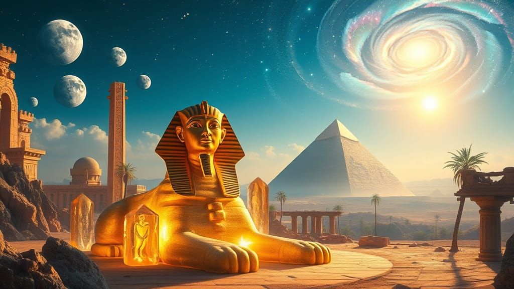 Egyptian Landscape with Regal Sphinx and Crystal Pyramid