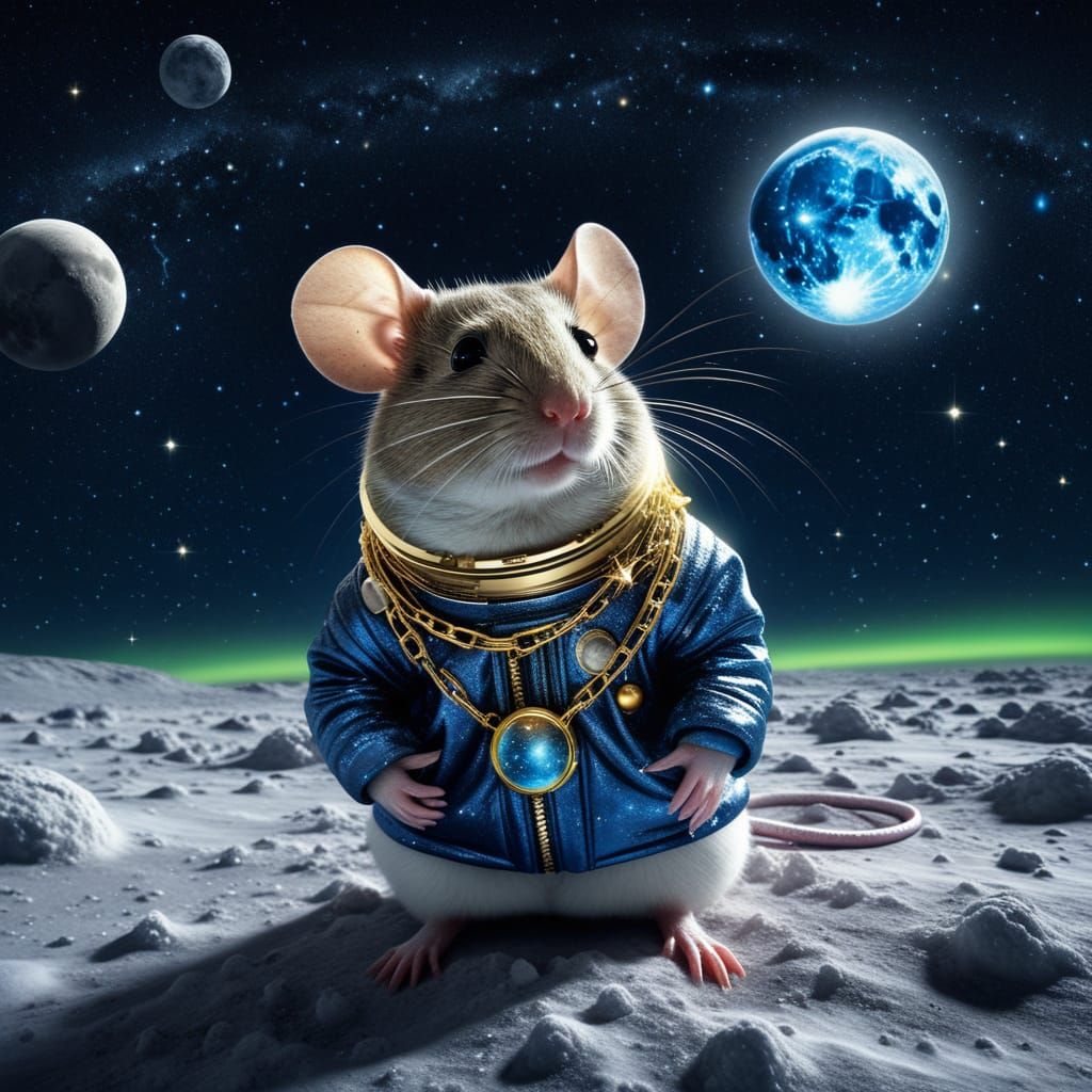 Hyperrealistic Mouse Adorns the Moon in Glowing Jewelry