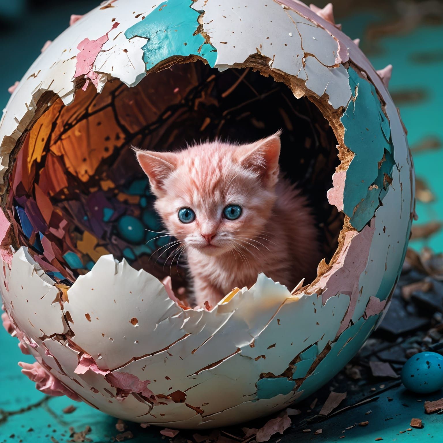 Cute Pink Kitten Emerges from a Cracked Egg in Vibrant Color...