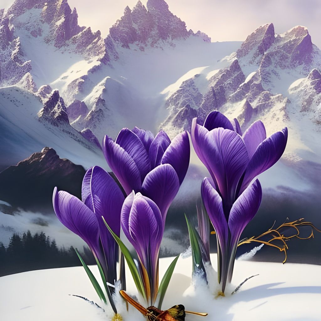 A sign of spring: crocus flowers breaking through the snow