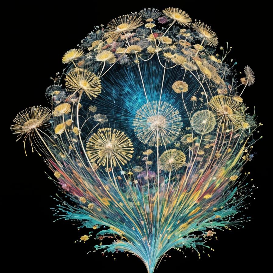 Golden Dandilions in Vibrant Oil Stained Realism