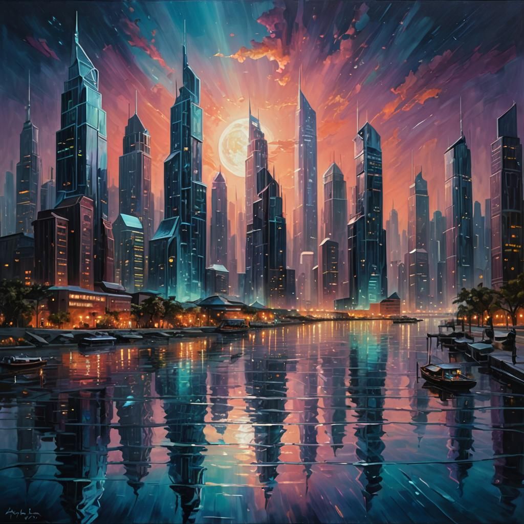 Futuristic Cityscape with Iridescent Skyscrapers, Oil Painti...