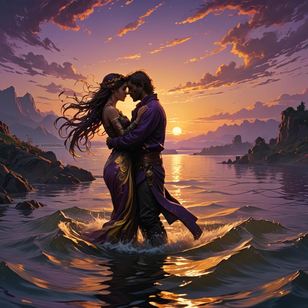 Romantic Sunset Embrace in Dark Fantasy Style