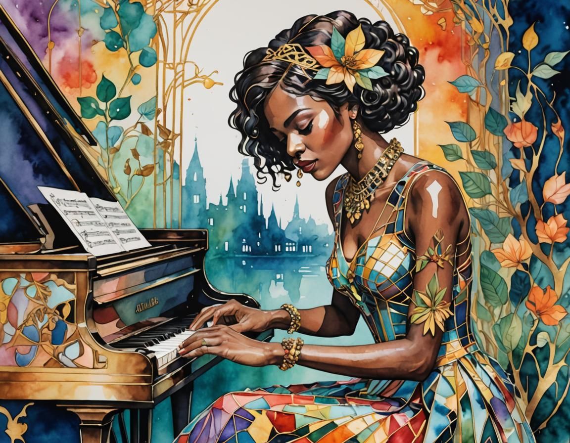 Melanin Woman at Piano in Watercolor Paper Cut Art