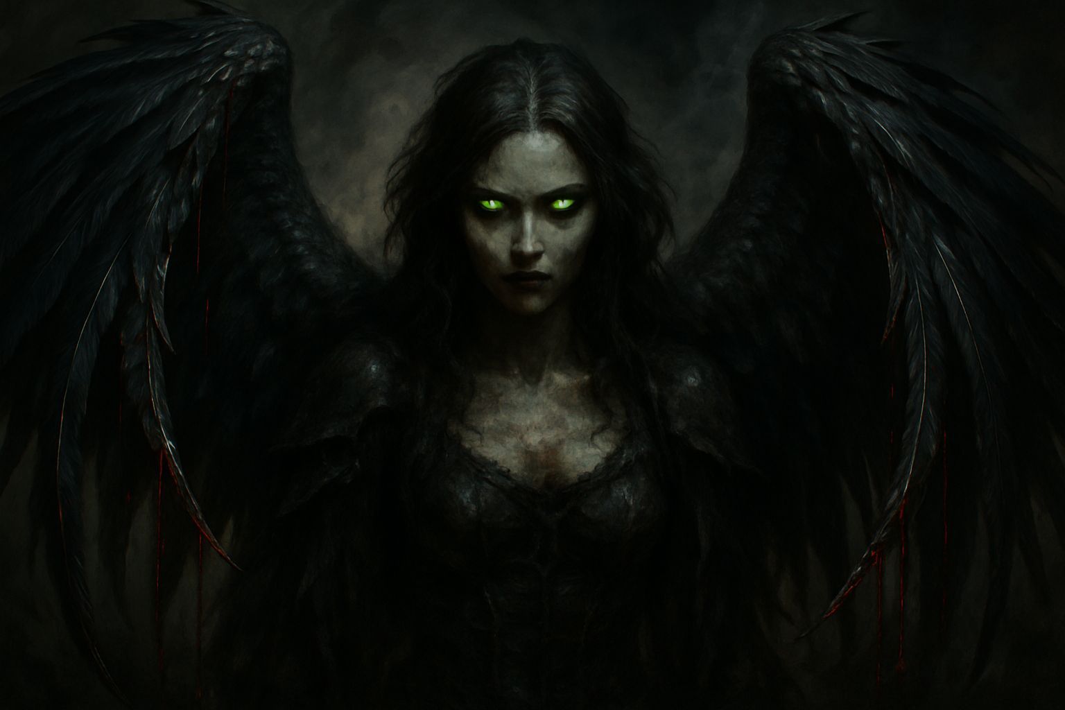 Surreal Dark Fantasy Fallen Angel with Shimmering Black Wing...