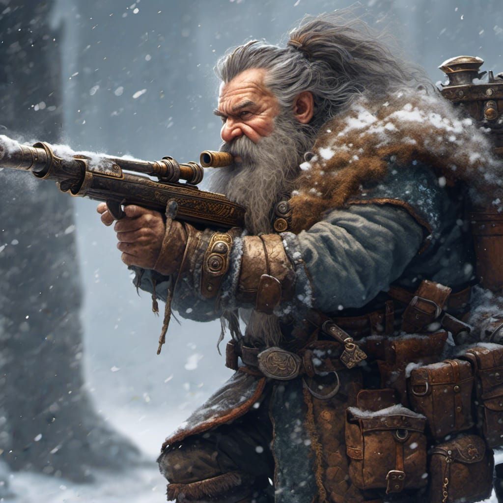 Dwarf Firing Blunderbuss in Hyperreal Style