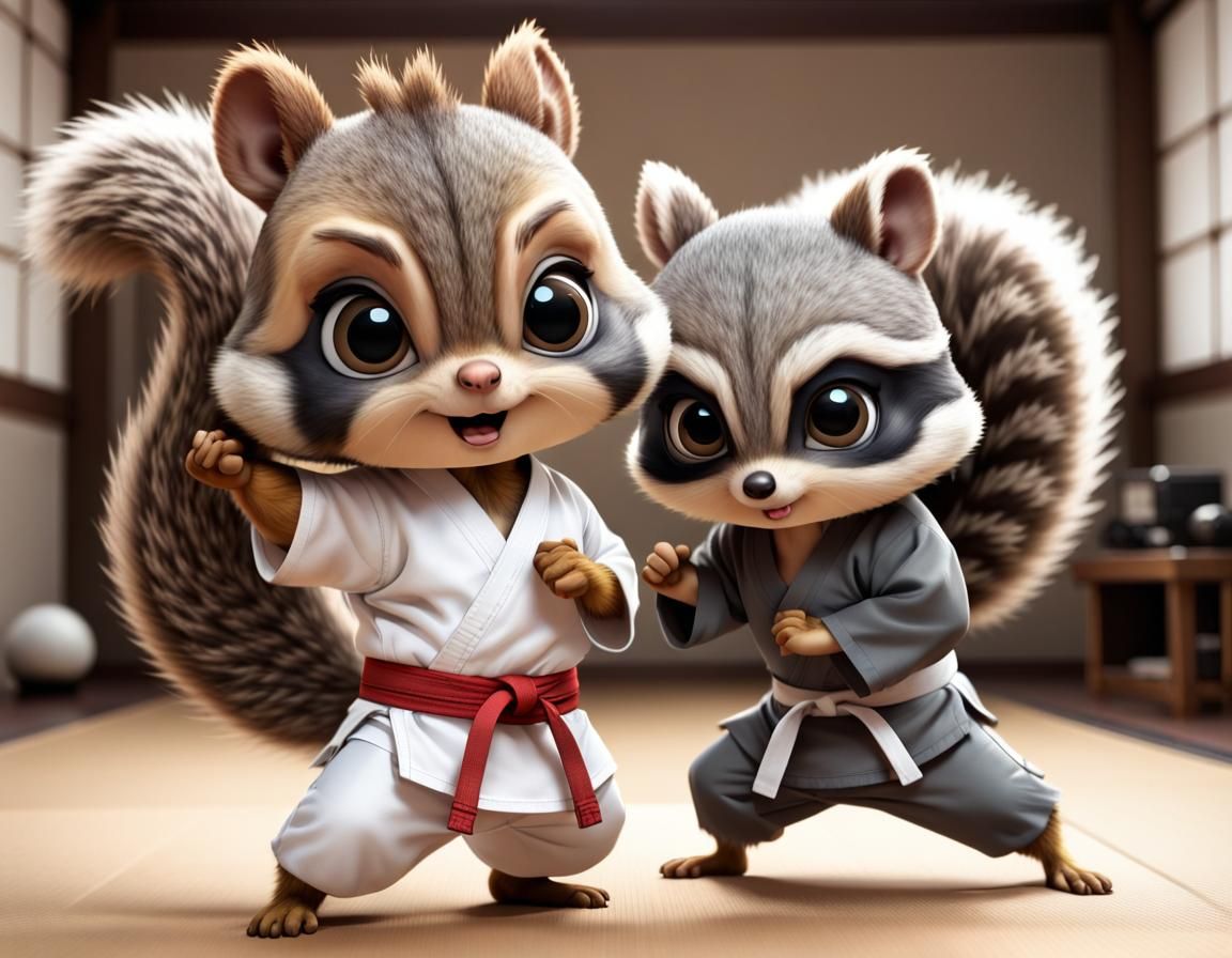 Chibi Squirrel and Racoon Karate Training
