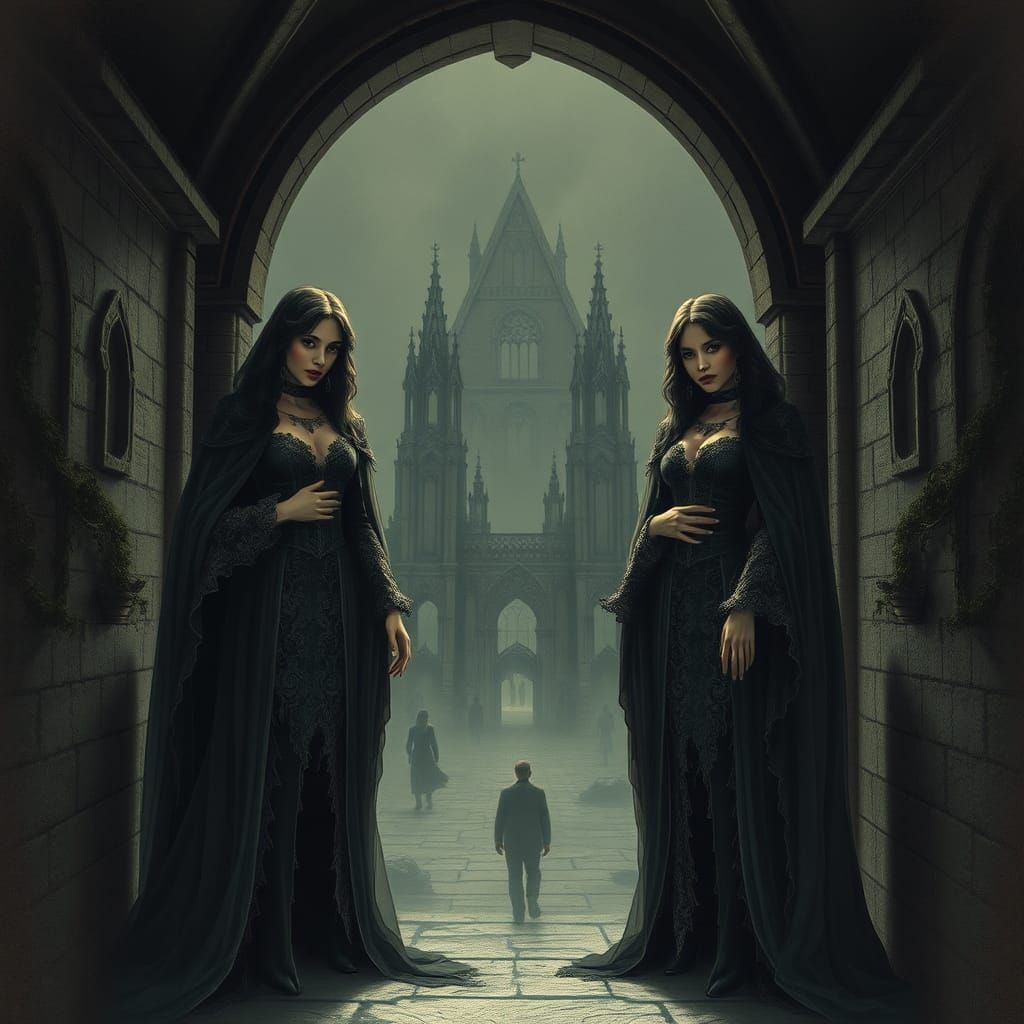 Victorian Vampires in Gothic Archway, Fantasy Illustration