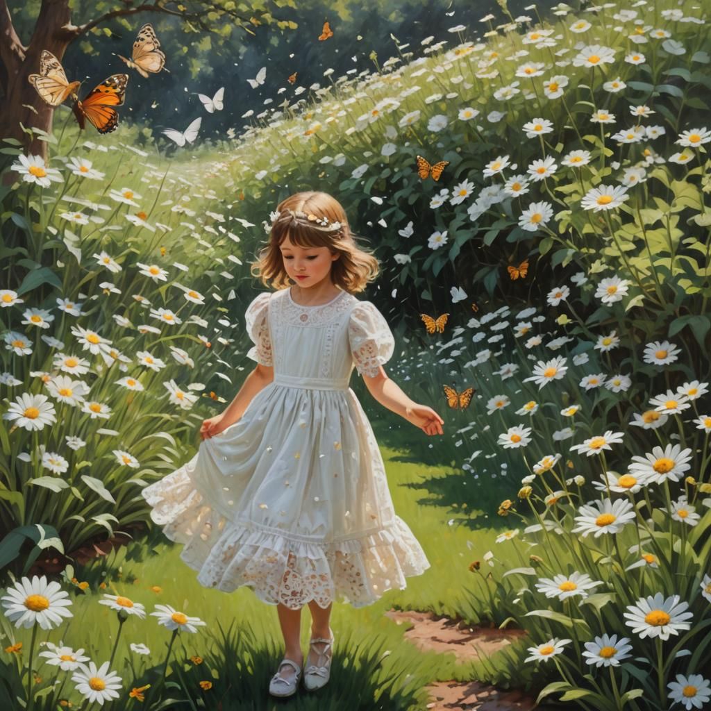 Girl Chasing Butterfly in Daisy Garden, Oil Painting