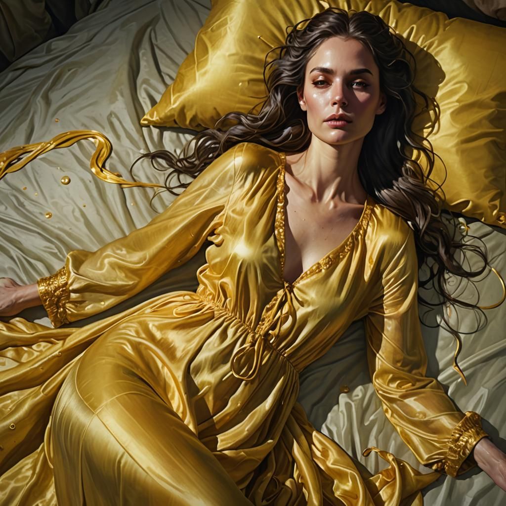 Ethereal Woman in Yellow Silk Nightgown, Tethered by Ectopla...