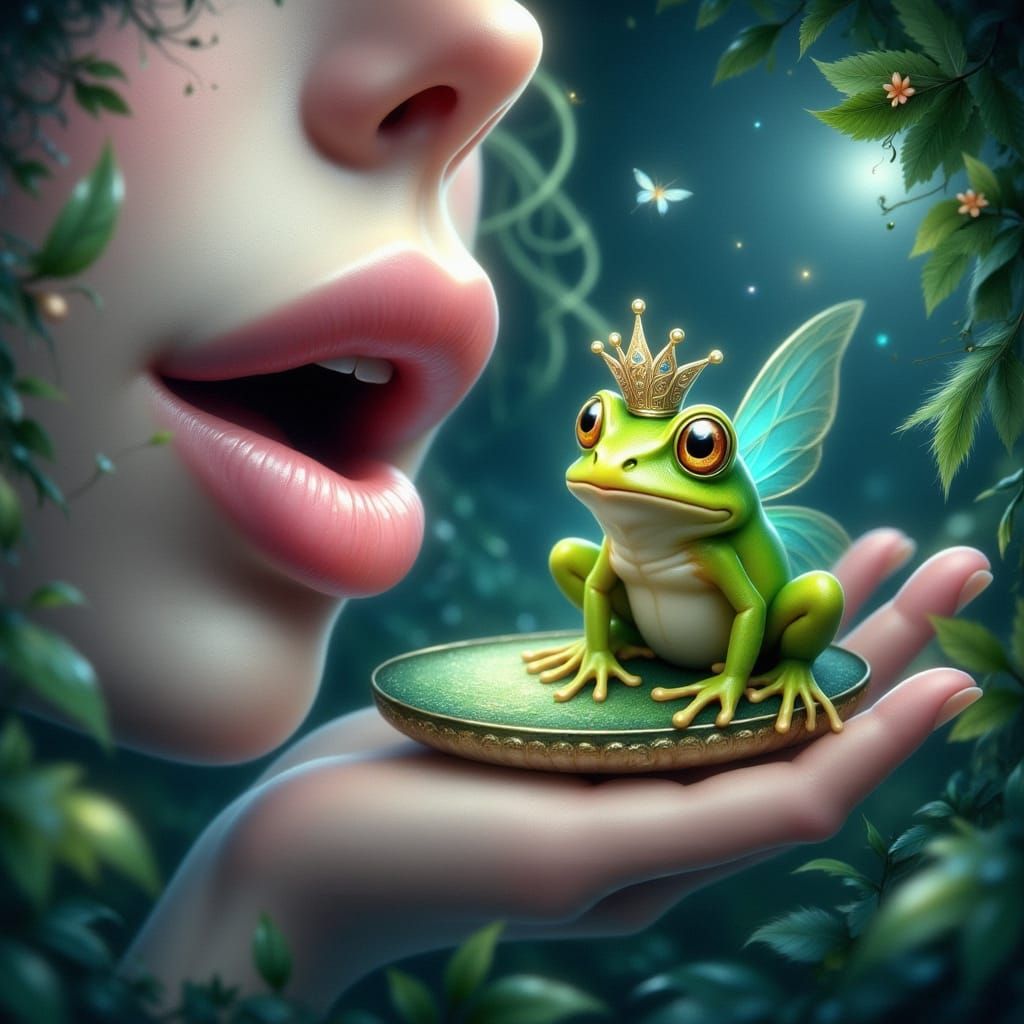 Delicate Fairy Lips with Regal Green Frog in Whimsical, Drea...