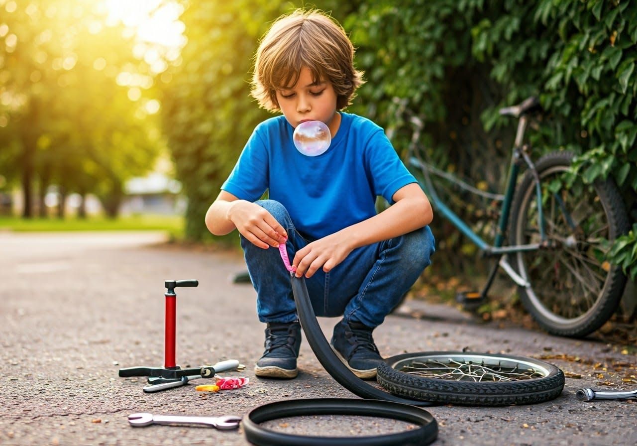 Boy Repairs Bike with Pink Bubblegum in Sunny Street Scene