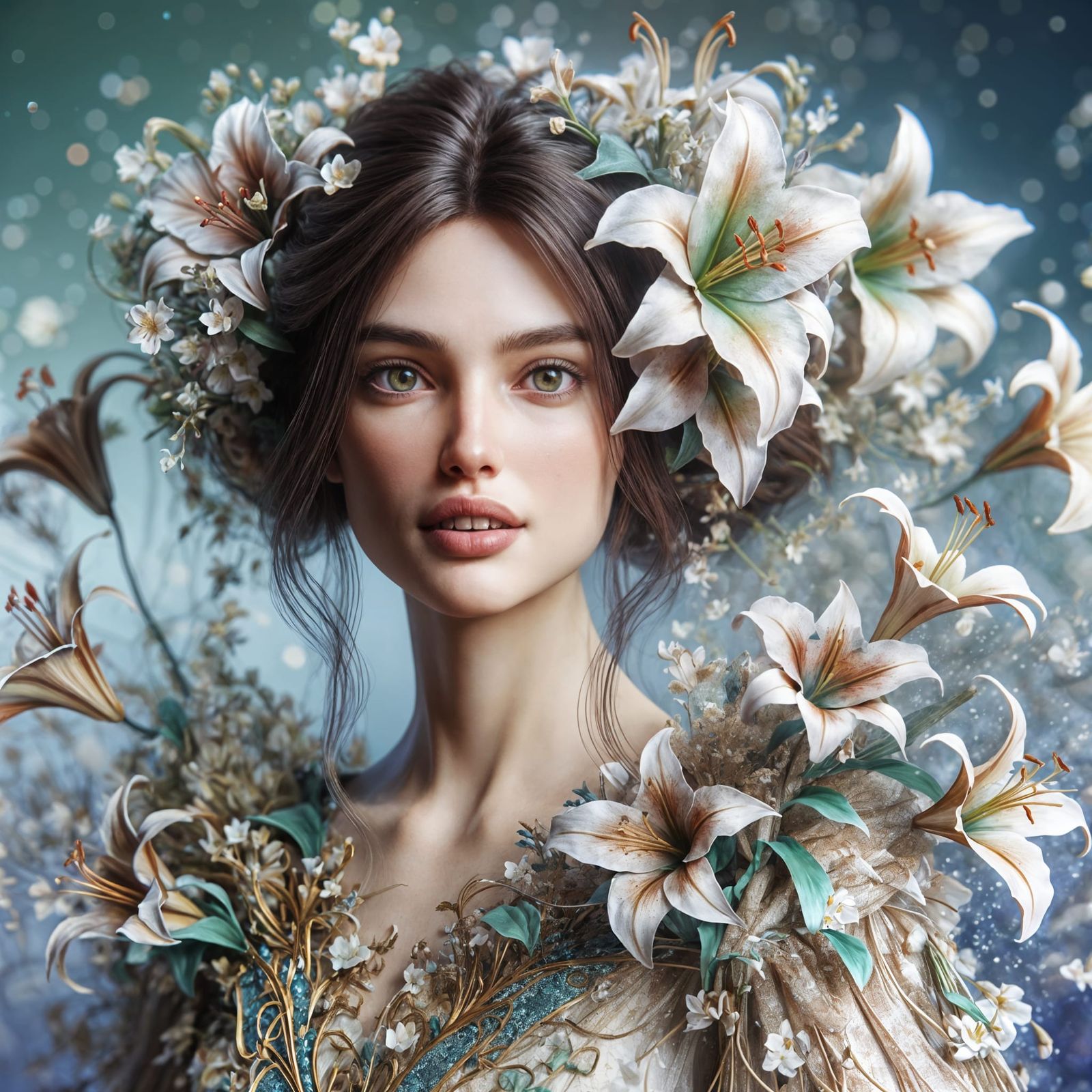Ethereal Woman in Lily-Adorned Gown