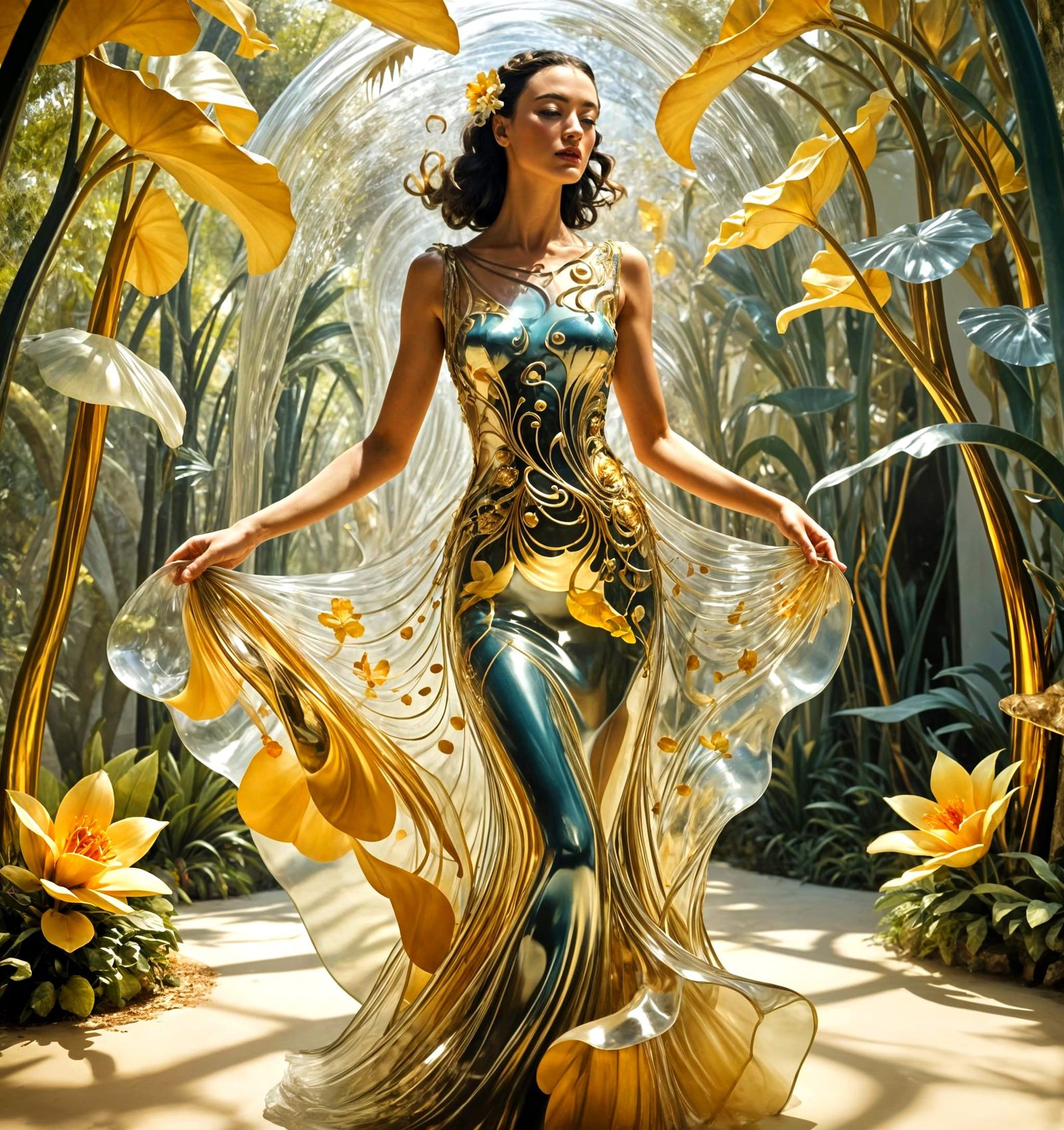 Woman in Translucent Glass Dress with Gold Filigree