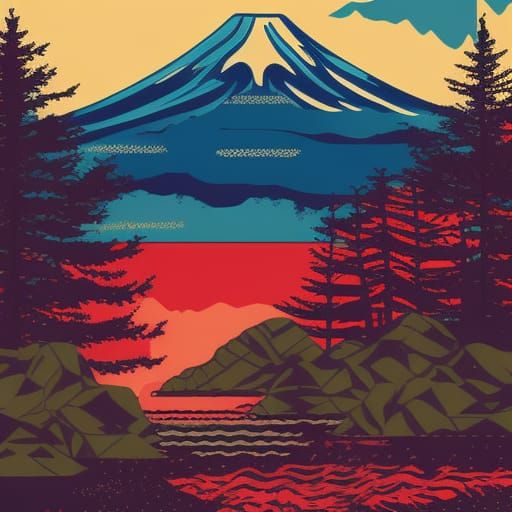 Vintage Winter Mountain Landscape Illustration with Red Sun