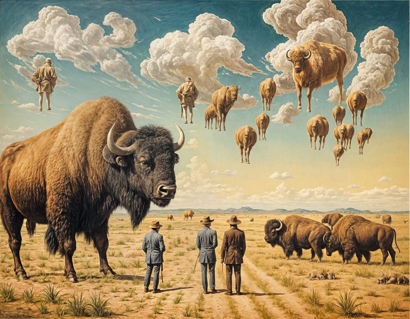 Surreal Bison Rain on the Prairie: Dali-esque Scene