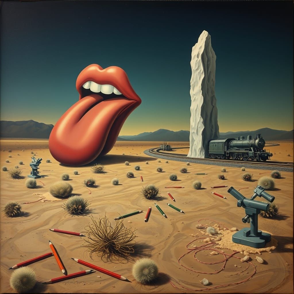 Surreal Desert Night with Giant Tongue and Melting Objects