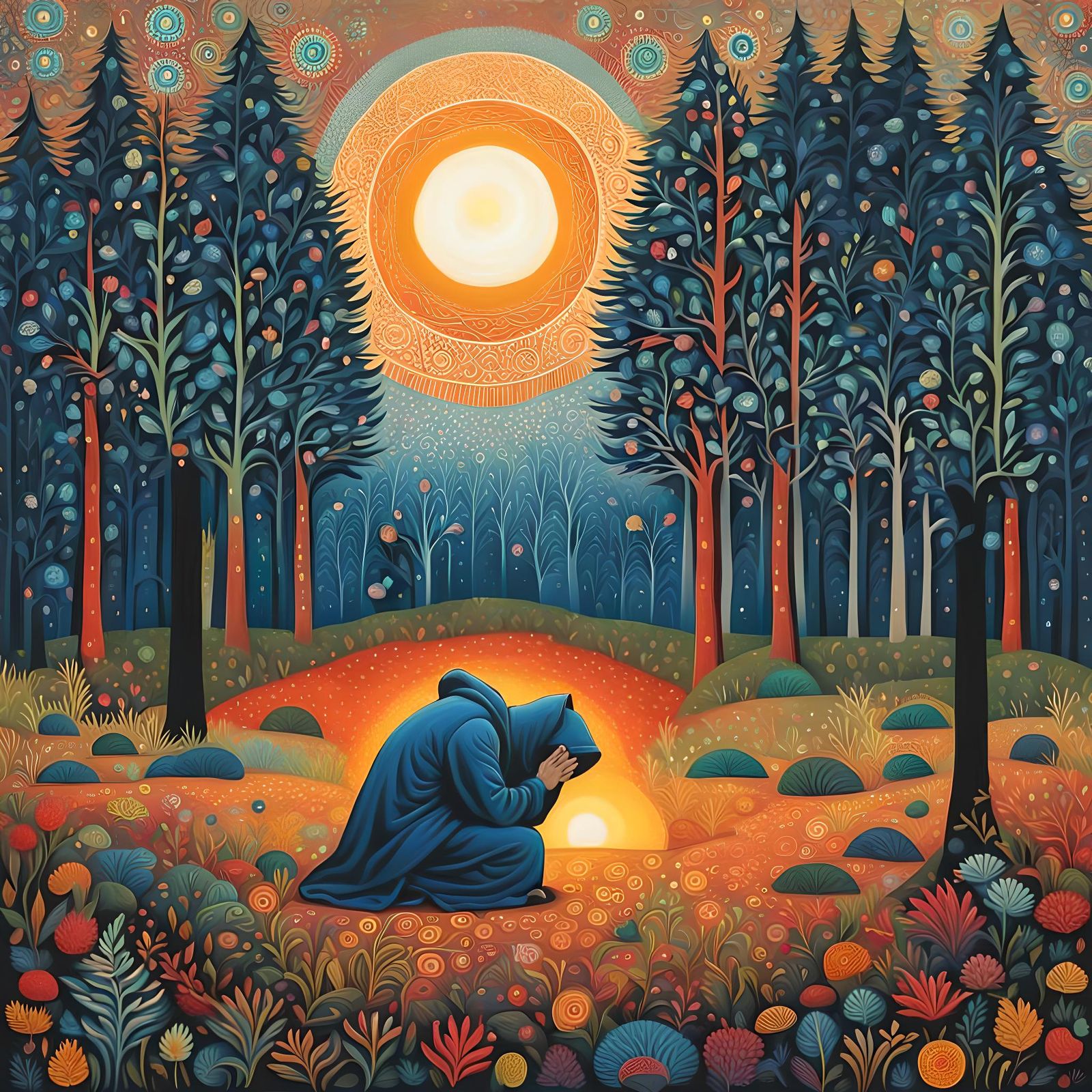 Hooded Figure Praying in Sunrise Forest