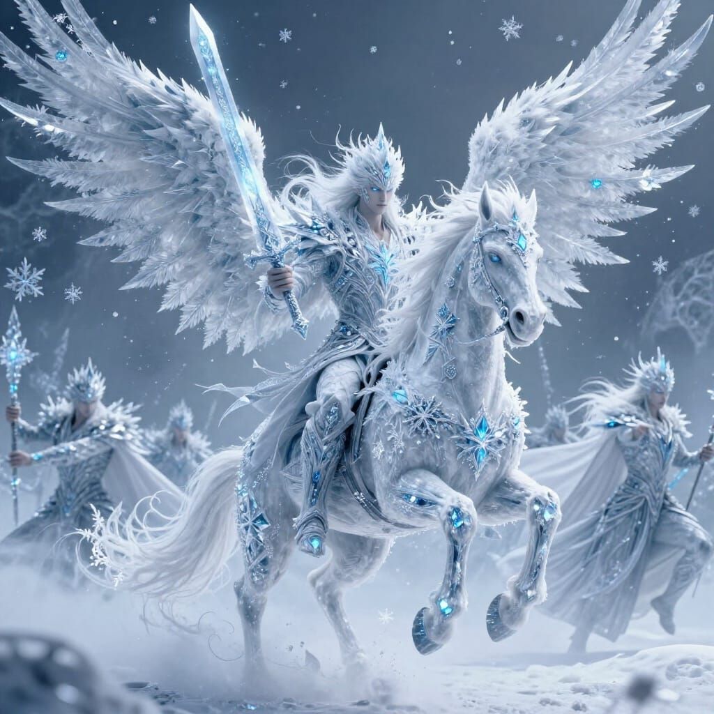 Ethereal Ice Warrior Riding Snowflake Horse