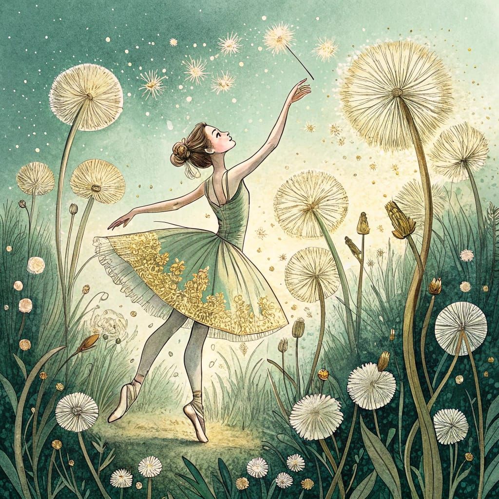 Ballerina Dancing Among Dandelions in Ink Splatter Art