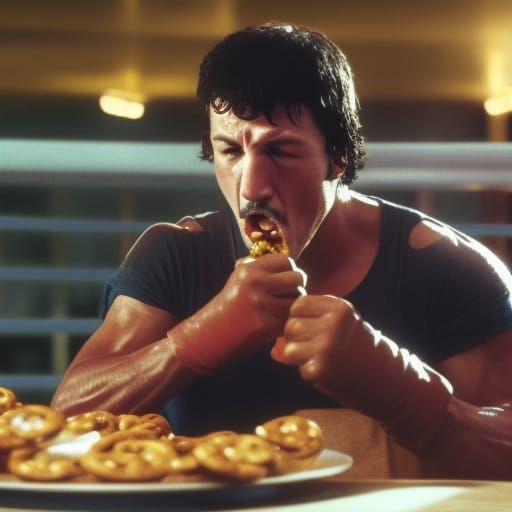 Cinematic Shot of Rocky Balboa Eating Pretzel