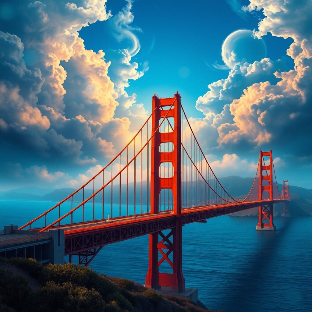 Majestic Golden Gate Bridge in Dreamlike Golden Light